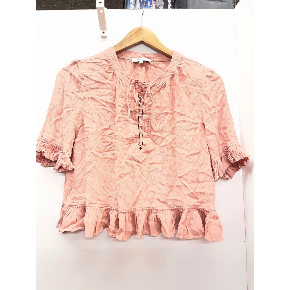 Madewell Womens Pink Lace Up Ruffle Hem Short Sleeve Blouse Top Small 0685011
